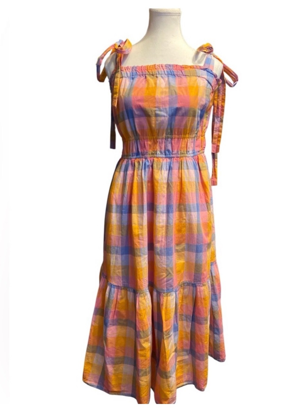 Free Assembly Gingham Dress in Yellow, Pink & Blue 100 Cotton with pockets